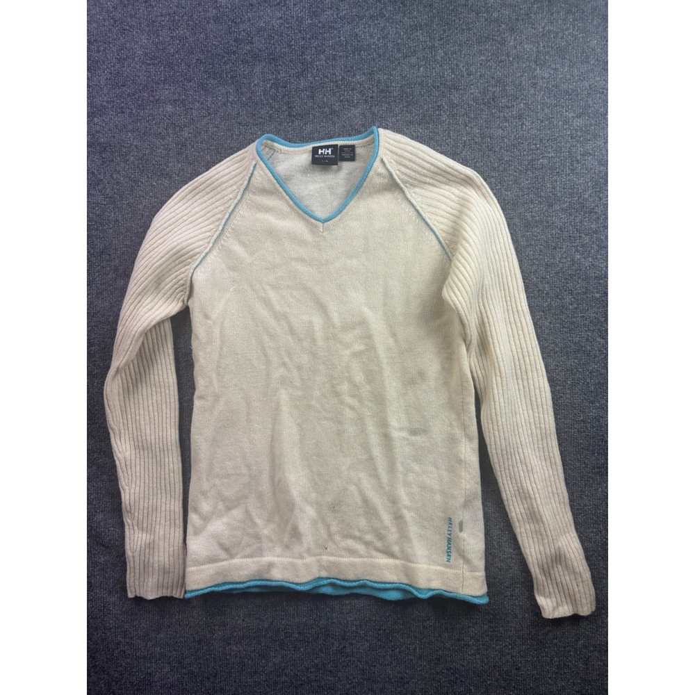 Helly Hansen V-Neck Sweater Womens L Cream Blue Lambswool Ribbed Sleeve Raglan